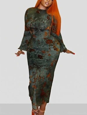 Retro Flower Printed Backless Split Long Sleeve Dress