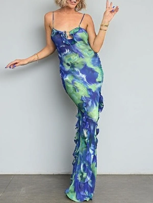 Floral Ruffle Split Hem Sleeveless Maxi Dress