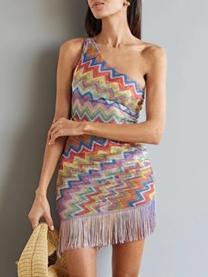 Striped One Shoulder Fringe Mini Dress 