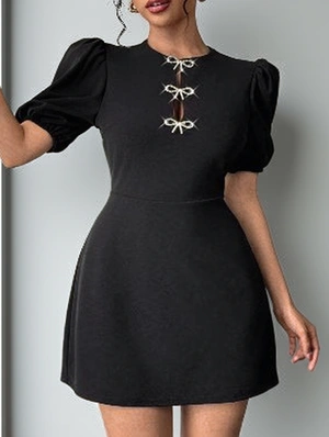 Bow Embellished Puff Sleeve Mini Dress