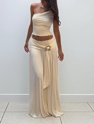 Smocked One-shoulder Metal Decor Skirt Sets