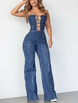 Hollow-out Buckle-loop Strapless Denim Jumpsuits