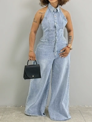 Denim Halter Backless Smocked Jumpsuits