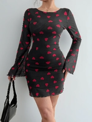 Heart Backless Lace-Up Trumpet Sleeve Mini Dress