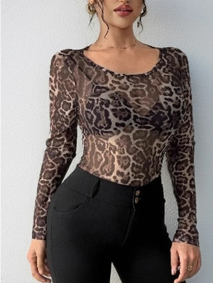 Gauze Leopard Sheer Long Sleeve Tops