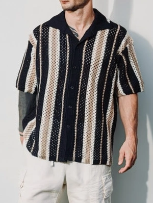 Knitting Colorblock Striped Button Up Shirts