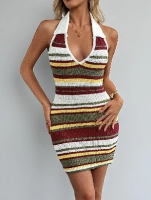 Knitted Striped Lapel Halter Backless Mini Dress