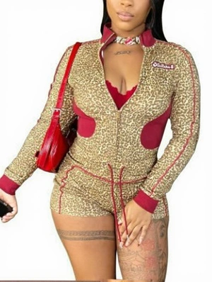 Colorblock Leopard Zipper Cropped Short Sets