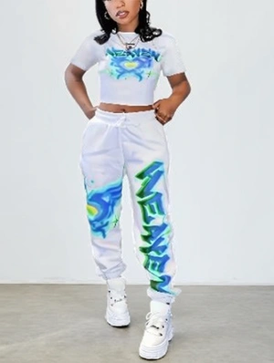 Colorblock Printed Bare Waist Casual Pant Sets
