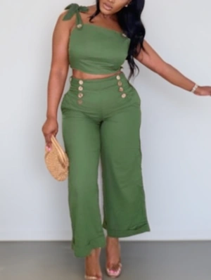 Lace Up Smocking Cropped Tank Pant Sets