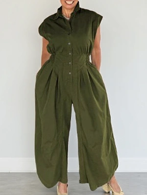 Sleeveless Button Up Cargo Wide Leg Jumpsuits