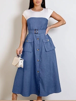 Denim Patchwork A-line Cargo Maxi Dress