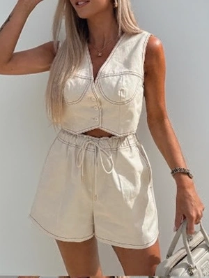 Denim Seam Line Cropped Vest Short Sets