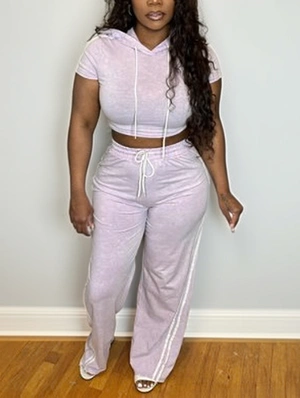 Washed Bare Waist Hooded Striped Trim Pant Sets