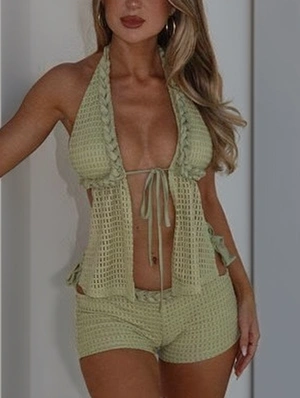 Cable Knit Halter Backless Tie-wrap Short Sets