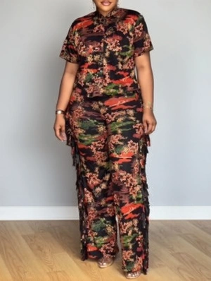 Floral Printed Shirt Fringe Casual Pant Sets