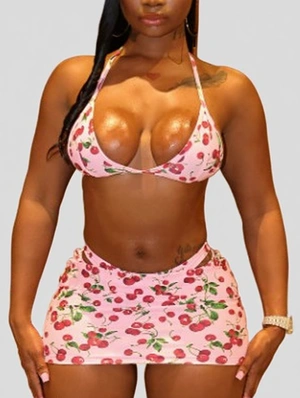 Cherry Printed Halter Bikinis Skirt Sets