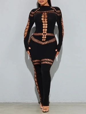 Hollow-out Sheer Long Sleeve Maxi Dress