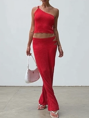 Knitted One Shoulder Cropped Split Hem Skirt Sets