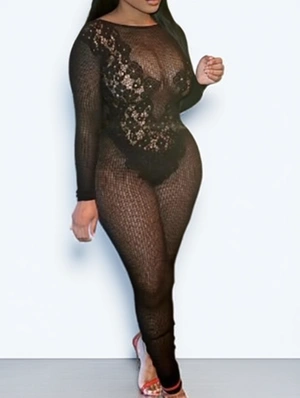 Flower Lace Sheer Backless Fitted Jumpsuits
