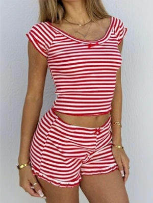 Striped Boat Neck Cropped Short Sets