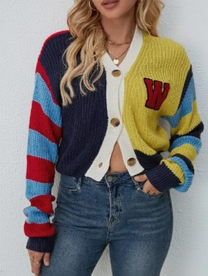 Colorblock Striped V Neck Knitted Cardigan