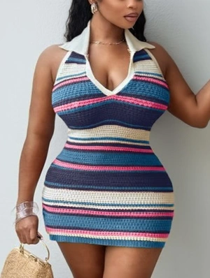 Knitted Striped Lapel Halter Backless Mini Dress