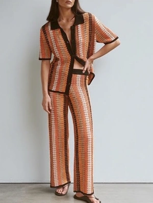 Knitted Colorblock Vertical Shirt Pant Sets