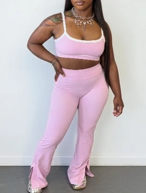 Colorblock Line Cropped Split Hem Flared Pant Sets