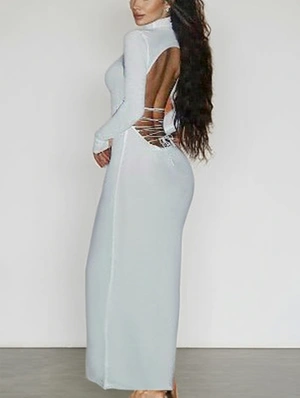 Solid Backless Tie-wrap Mock Neck Long Sleeve Maxi Dress
