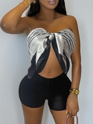 Striped Print Bandage Tube Short Sets