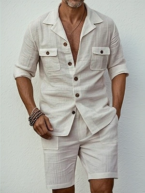 Solid Single Breasted Short Sleeve Men Short Sets