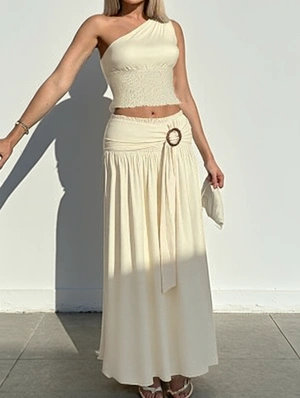 Smocking One Shoulder Cropped Skirt Sets
