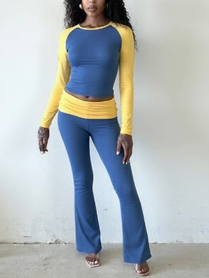 Colorblock Bodycon Foldover Flared Pant Sets