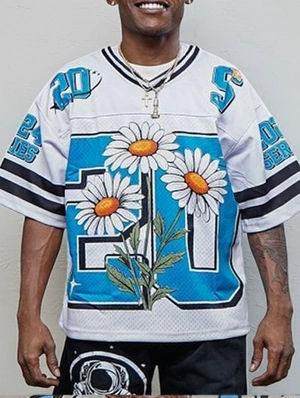 Floral Number Printed V Neck Mesh Loose Jersey