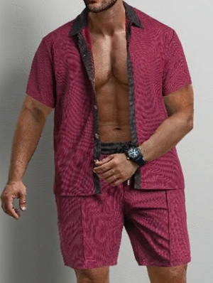 Colorblock Lapel Single Breasted Short Sleeve Men Short Sets