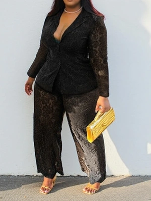 Flower Lace Sheer Notch Lapel Blazers Pant Sets