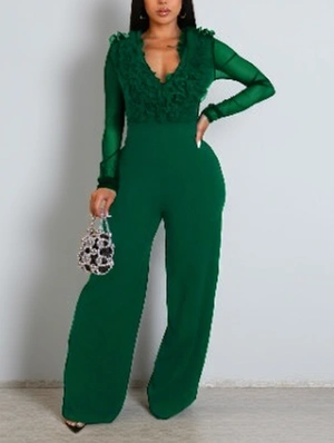 Lacework See Through V Neck Fitted Jumpsuits