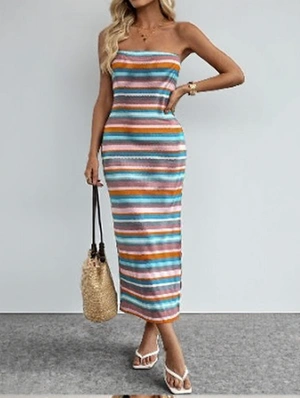 Strapless Colorblock Striped Split Hem Maxi Dress