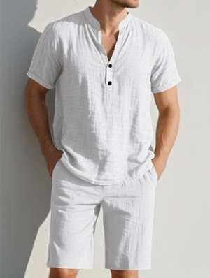 Pure Color Linen V Neck Short Sleeve Men Short Sets