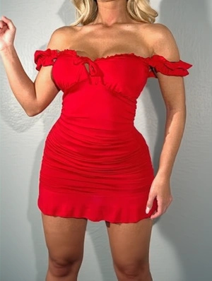 Ruched Peplum V Neck Sleeveless Mini Dress