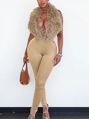 Fake Fur Halter Backless Lace-Up Pant Sets