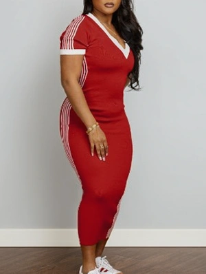Striped Trim V Neck Bodycon Maxi Dress