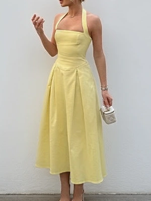 Plain Color Halter Backless A-line Maxi Dress