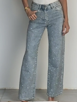 Washed Denim Rhinestones Straight Jeans