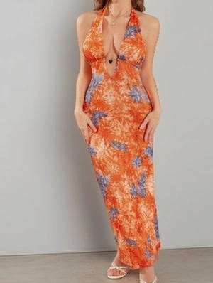 Deep V Neck Halter Backless Lace-Up Maxi Dress