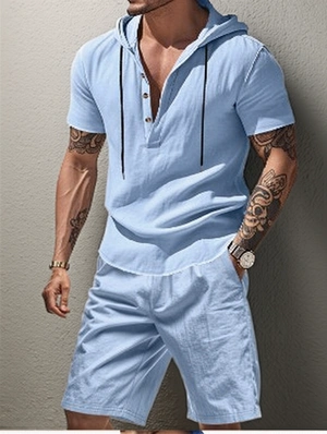 Pure Color Hooded Short Sleeve Men Short Sets