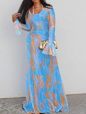 Printed Tie-wrap Long Trumpet Sleeve Maxi Dress