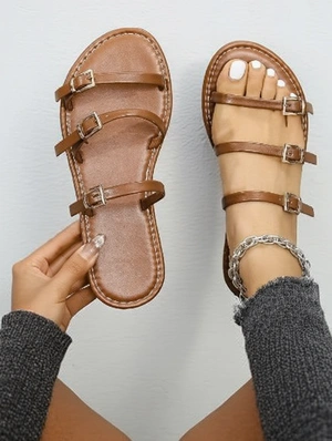 Pure Color Ankle Strap Flat Heel Slippers