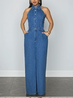 Denim Halter Lapel Backless Smocked Jumpsuits